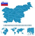 Slovenia - detailed blue country map with cities, regions, location on world map and globe. Infographic icons