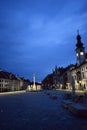 Slovenia, Maribor, Glavni trg, Main square with city hall and old plague monument at dusk