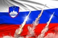 Modern strategic rocket forces concept on flag fabric background, Slovenia nuclear missile attack - military industrial 3D