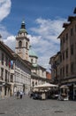 Ljubljana, skyline, bell tower, cathedral, St. Nicholas`s Church, Slovenia, Europe, panoramic view, canal