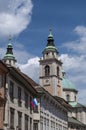 Ljubljana, skyline, bell tower, cathedral, St. Nicholas`s Church, Slovenia, Europe, panoramic view, canal