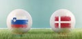 Slovenia vs Denmark football match infographic template for Euro 2024 matchday scoreline announcement. Two soccer balls with