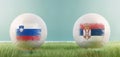 Slovenia vs Serbia football match infographic template for Euro 2024 matchday scoreline announcement. Two soccer balls with