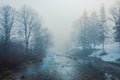 Slovenian Jezernica river in foggy morning. This body of water is one of the shortest rivers in the world, running from lake Royalty Free Stock Photo