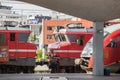 Slovenian Railways Slovenske Zeleznice electric locomotive Series 363 and EMU series 312 on Ljubljana train station platform.