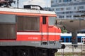 Slovenian Railways Slovenske Zeleznice electric locomotive Series 363 shunting on Ljubljana train station platform.