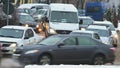 Slow cars traffic at Chisinau streets during snowy winnter