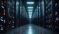 Slow Cinematic Movement in Enterprise Data Center Aisle, Symmetrical Server Racks, High Performance Cloud Computing Royalty Free Stock Photo