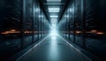 Slow Cinematic Movement in Enterprise Data Center Aisle, Symmetrical Server Racks, High Performance Cloud Computing Royalty Free Stock Photo
