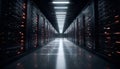 Slow Cinematic Movement in Enterprise Data Center Aisle, Symmetrical Server Racks, High Performance Cloud Computing Royalty Free Stock Photo