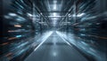 Slow Cinematic Movement in Enterprise Data Center Aisle, Symmetrical Server Racks, High Performance Cloud Computing Royalty Free Stock Photo