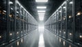 Slow Cinematic Movement in Enterprise Data Center Aisle, Symmetrical Server Racks, High Performance Cloud Computing Royalty Free Stock Photo