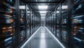 Slow Cinematic Movement in Enterprise Data Center Aisle, Symmetrical Server Racks, High Performance Cloud Computing Royalty Free Stock Photo