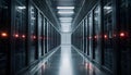 Slow Cinematic Movement in Enterprise Data Center Aisle, Symmetrical Server Racks, High Performance Cloud Computing Royalty Free Stock Photo