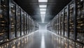 Slow Cinematic Movement in Enterprise Data Center Aisle, Symmetrical Server Racks, High Performance Cloud Computing Royalty Free Stock Photo