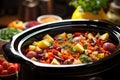 slow cooker filled with colorful veggies and seasoning