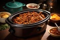 slow cooker filled with pulled pork and sauce