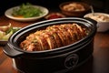 slow cooker filled with seasoned pork and sauce