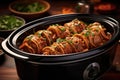 slow cooker filled with seasoned pork and sauce