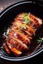 Slow cooker honey balsamic and soy sauce glazed pork belly. Delicious holiday meal for family dinner and celebrations