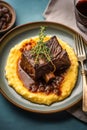 Slow cooker red wine braised beef short ribs on a bed of polenta with rosemary on a plate. Hearty delicious comfort food for