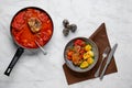 Slow cooking food. Top view of beef meat baked in beer gravy Royalty Free Stock Photo