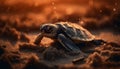 Slow crawling turtle in nature, close up of animal shell generated by AI