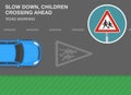 `Slow down, children crossing ahead` road marking. Top view. Royalty Free Stock Photo