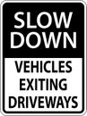 Slow Down Vehicles Exiting Driveways Sign On White Background