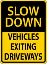 Slow Down Vehicles Exiting Driveways Sign On White Background