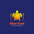 Slow Food Abstract Vector Sign, Emblem or Logo Template. Plate with Fork and Knife Mixed with Turtle Silhouette