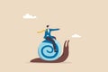 Slow growth, inefficient or stupid mistake, businessman idiot leader riding slow snail never reach goal, losing business