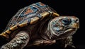 A slow, large turtle crawls underwater, its shell a pattern generated by AI