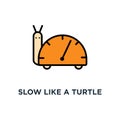 slow like a turtle download speed icon, symbol of speedometer,, concept low traffic speed, outline of turtle with an arrow on the Royalty Free Stock Photo