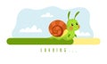 Slow and long loading. Waiting for website to restart. Progress bar and cartoon snail. Low speed upload interface design