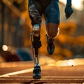 Slow mo front view of amputee athlete with prosthetic blade running on stadium track outdoors Royalty Free Stock Photo