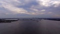 Slow motion aerial pull out Miami Biscayne bay gloomy apocalypse style dystopian