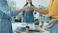 Slow motion close-up of women's handshake expressing agreement in office room