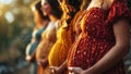 Slow Motion group of pregnant women. A young mother expecting a child. AI generated.