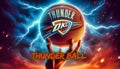 A slow-motion shot of a basketball spinning on a fingertip, with the Oklahoma City Thunder logo
