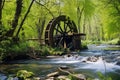 a slow-moving old mill wheel by a flowing river Royalty Free Stock Photo