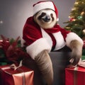 A slow-moving sloth dressed as Santa, delivering gifts with a relaxed smile4