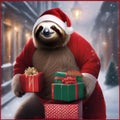 A slow-moving sloth dressed as Santa, delivering gifts with a relaxed smile1