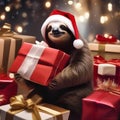 A slow-moving sloth dressed as Santa, delivering gifts with a relaxed smile5