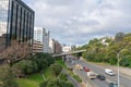 Slow progress for cars entering Wellington city along State Highway one over-pass Royalty Free Stock Photo