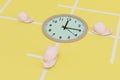 slow progress of work. wall-mounted round clock around which snails crawl on a yellow background. 3D render