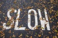 Slow road sign writted on a tarmac cycle track, road covered in Autumn leaves