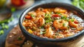 Slow-simmered delicious traditional gumbo stew with seafood chicken sausage and vegetables cooked in tomato sauce with vegetables