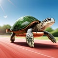 Slow and steady wins the race turtle or tortoise in race on running track