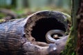 slow worm peeking out from a hollow log